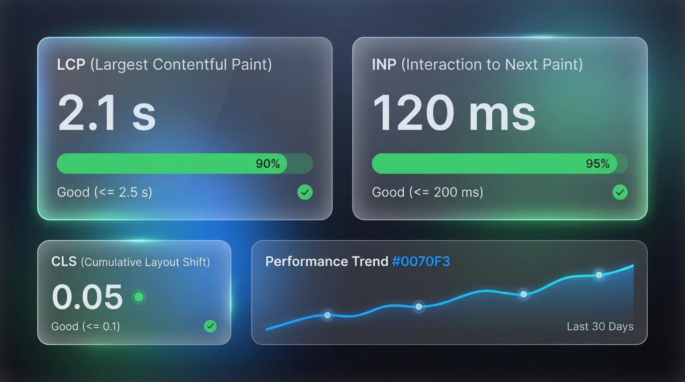 Panel de Core Web Vitals con métricas LCP e INP